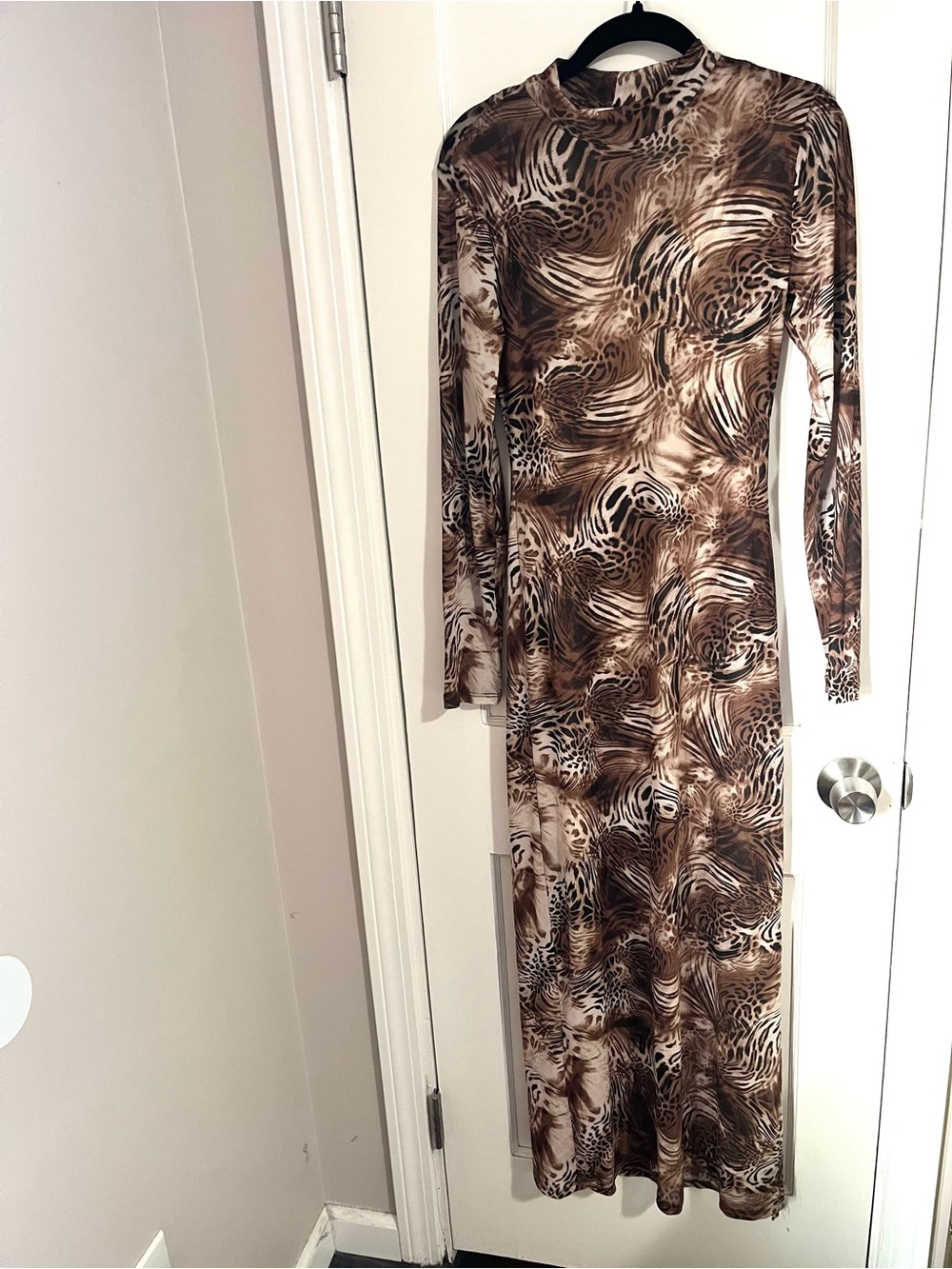 No Comment Long Sleeve Mesh Animal-Print Maxi Dress